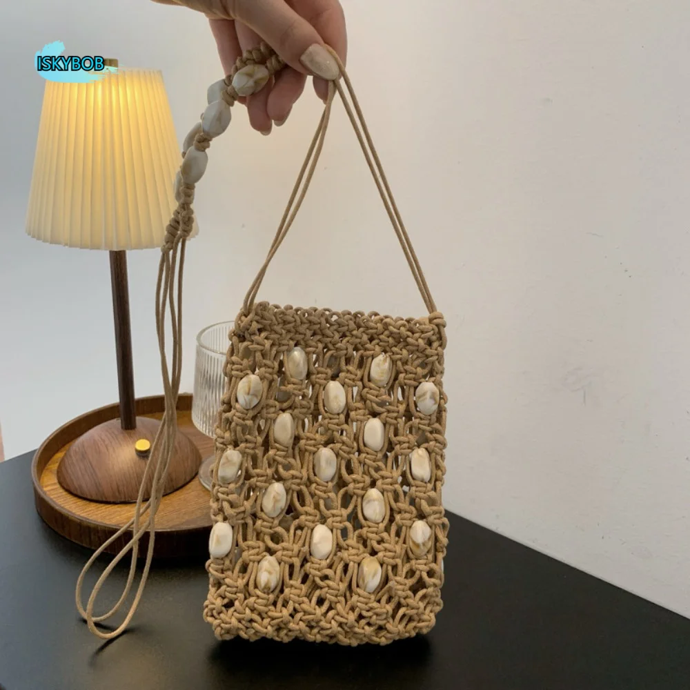 

Korean Style Beaded Woven Phone Bag Handmade Bohemian Beads Weave Crossbody Bag Handbag Wax Rope Hollow Out Shoulder Bag