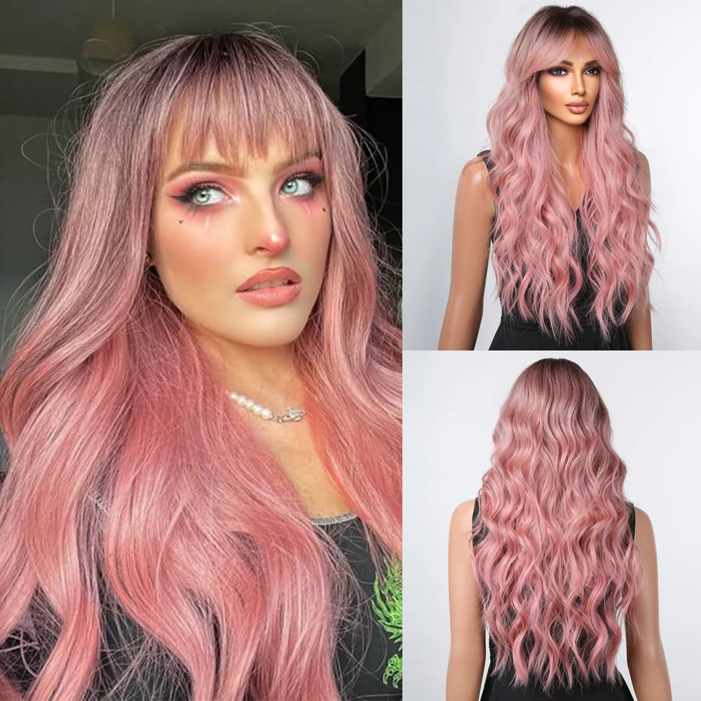 HENRY MARGU Long Curly Wig Pink Brown Ombre Synthetic Wigs with Bangs Cosplay Christmas Wig Heat Resistant for Women Daily Use