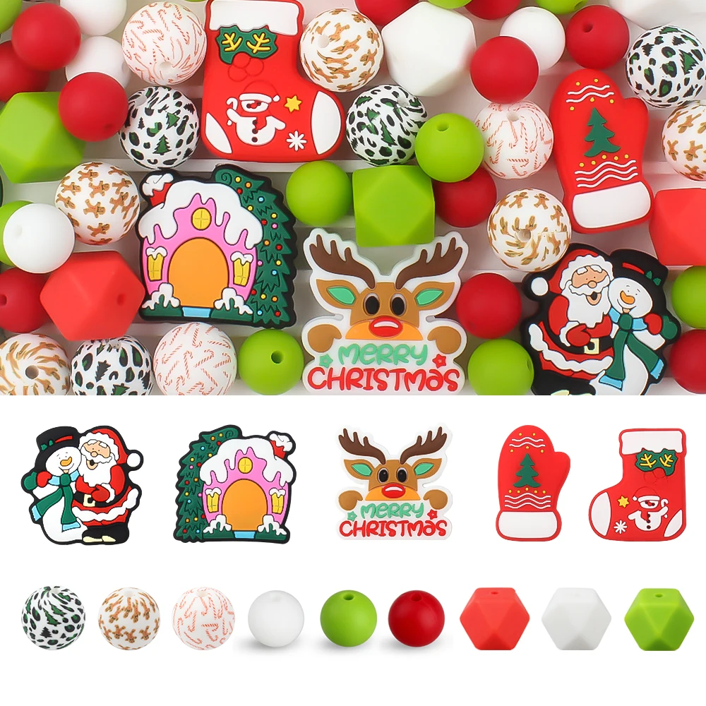 

56pcs Christmas Silicone Beads Animal Focal Beads Baby Teething Set DIY Nipple Chain Bead Pen Jewelry Handmade Accessories