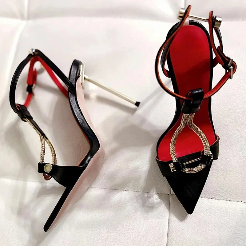 Summer Pointed Toe T-Tied Instep Metal Ring Chain Hollow Stiletto Sandals Mixed Color Ankle Straps Womens High Heelshoes