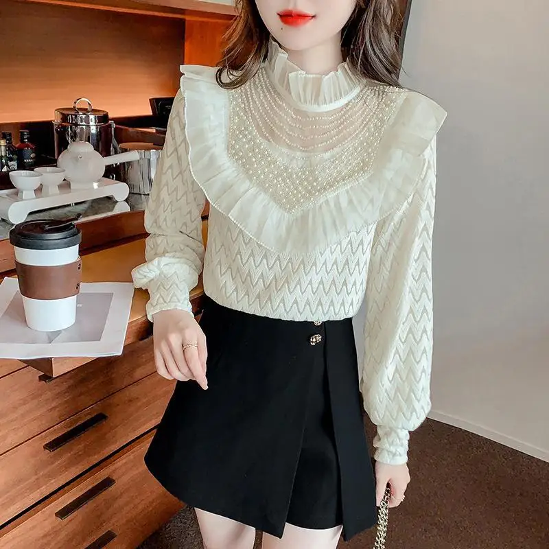 Autumn 2024 Women\'s New Splicing Stand Collar Embroidered Flares Lace Fashion Solid Color Minimalist Casual Long Sleeve Blouses