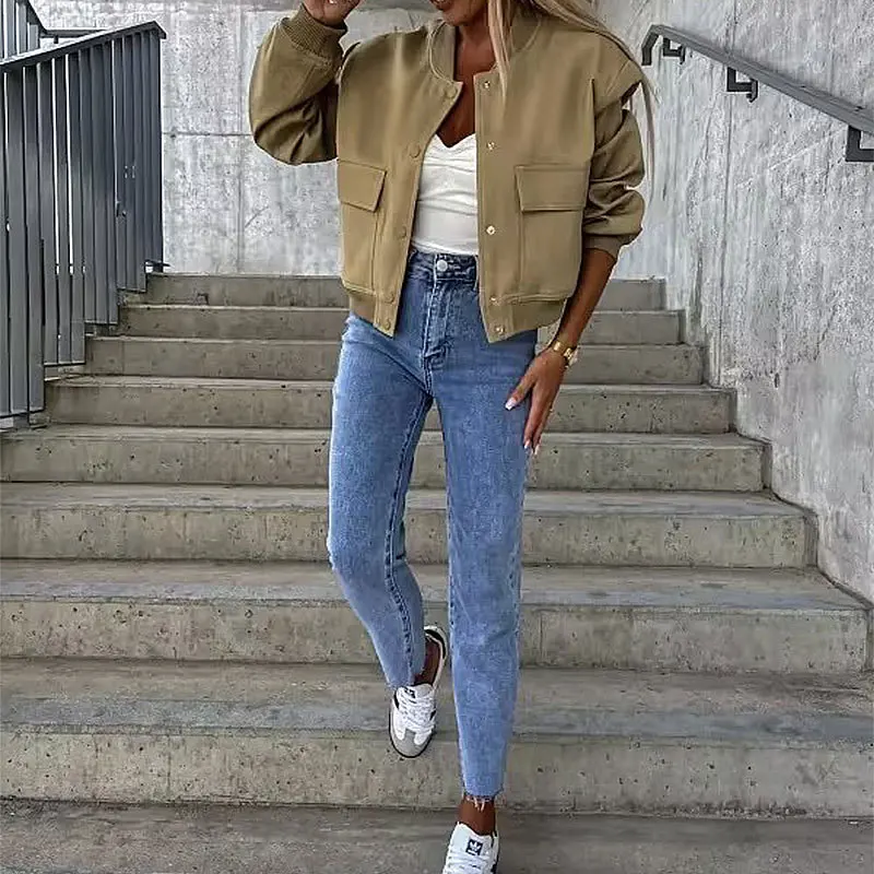 Women's Bomber Jacket Fashion With Pockets Autumn Jackets Coat Long Sleeve Casual New In Outerwears Chic Tops