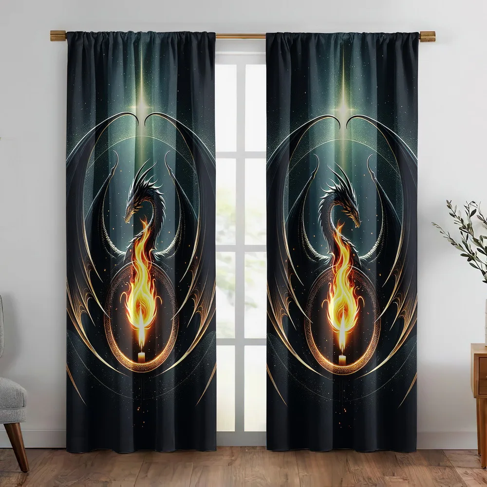 Dragon Curtains, Fantasy Fire Breathing Creature Print Drapes for Bedroom, Mythical Animal Window Treatment Home Decor