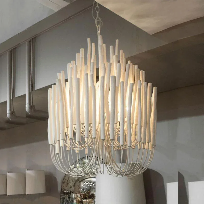 Nordic living room bedroom solid wood stick wood beads bohemian style French retro cream wind chandelier
