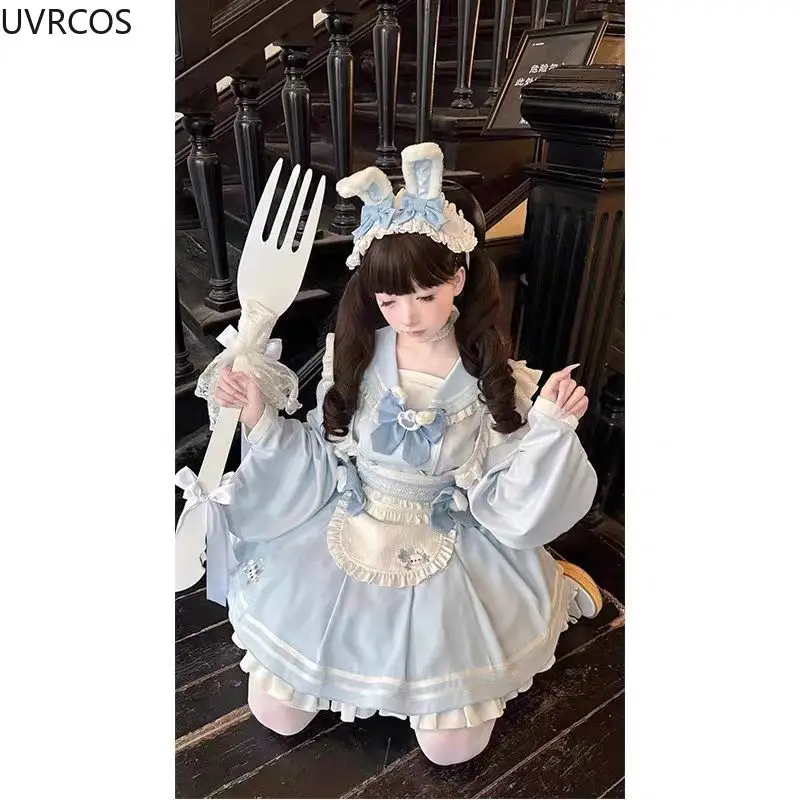 Conjunto de vestido de sirvienta japonés Kawaii Lolita para mujer, dulce volante, cuello de marinero, delantal con lazo de conejito, vestidos de princesa, minivestido elegante de fiesta