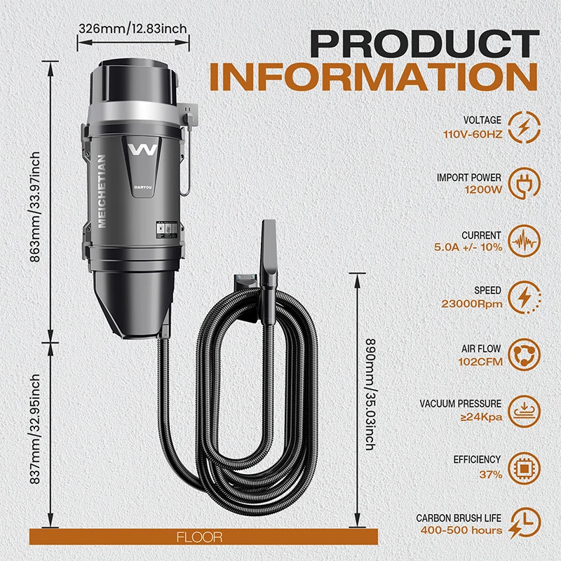 US Stock Wall-mounted 1200W Wet/Dry Vacuum Cleaner with 26' Extra Long Hose & Attachments for Jobsite Garage Car & Workshop