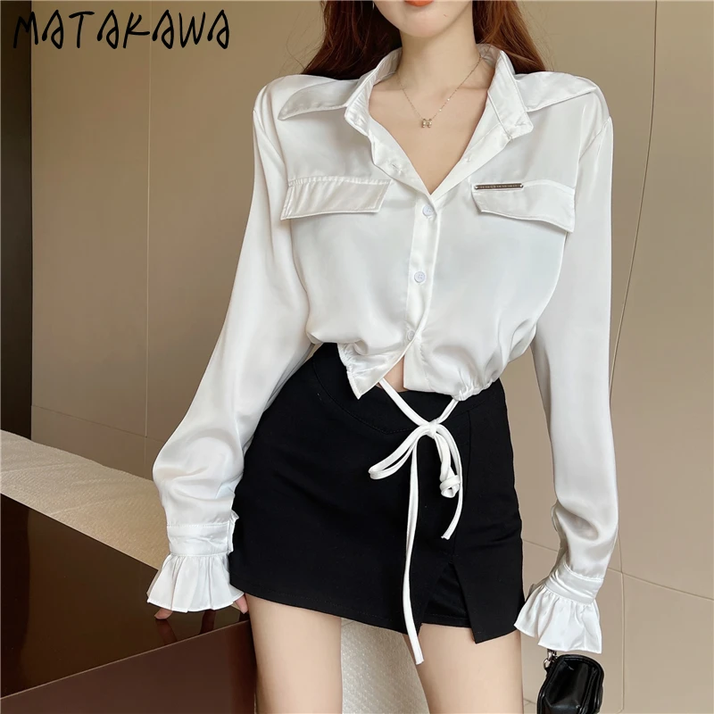 

Matakawa Flare Sleeve Women Shirts&blouses Solid Spring Autumn Korean Fashion Sexy Blusas Mujer Lace Up Rero Short Camisas