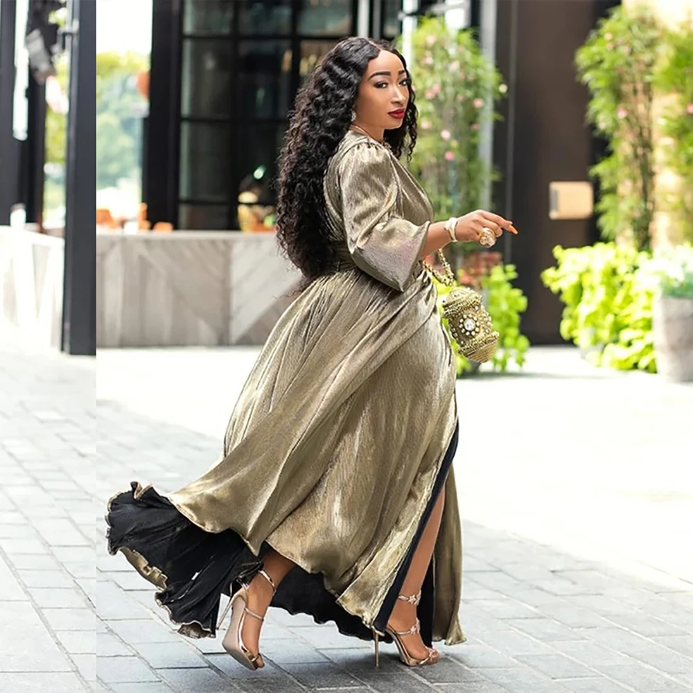 Damen-Abendkleid aus Satin und Samt, einfarbig, Übergröße, Robe, lange Ärmel, V-Ausschnitt, schmal, geteilt, Maxi, Abschlussball, Party, schick, lange Kleider