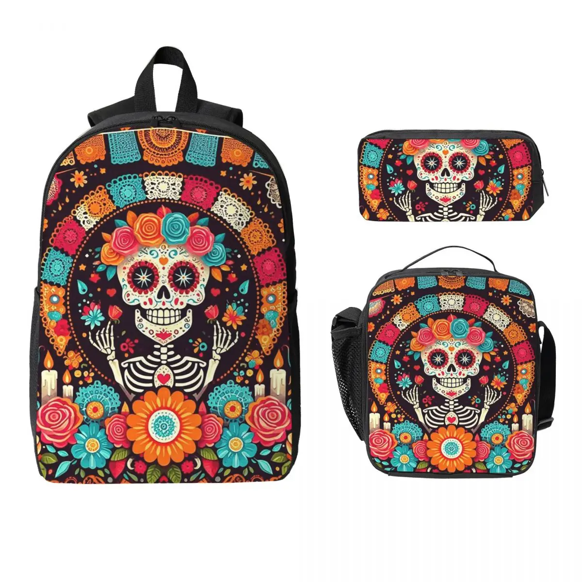 

Mexican Skull Calavera Illustration Backpack Student BookBag School Bag Laptop Shoulder Bags 3ps Insulated Lunch Bag Pencil Case