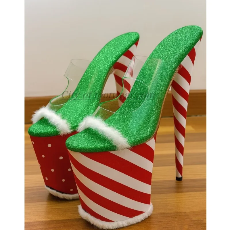 

Женские рождественские красные и зеленые тапочки на очень высоком каблуке на платформе, новогодний подарок, прозрачные сандалии с открытым носком, роскошная дизайнерская обувь