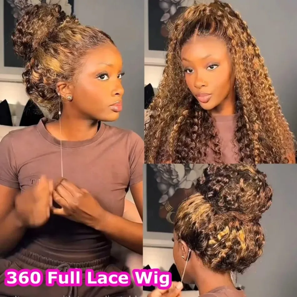 Highlight 360 Full Lace Wig Human Hair Pre Plucked Hd Deep Wave Frontal Wig Invisible Drawstring Curly Human Hair Wigs 32 Inch