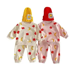 2026 Spring New 2pcs Infant Baby Girl Clothing Set Apple Banana Printed Hoodie Suit Children Casual Outwear Sports Suit