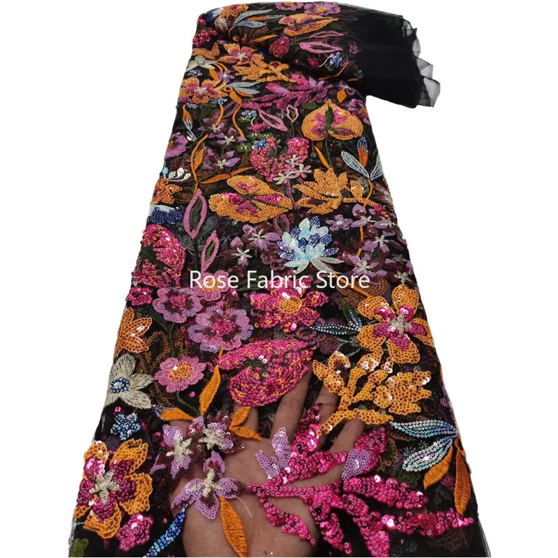 Flower Embroidery Heavior Sequin African mesh Tulle Lace Fabric for Wedding Dress, Party Dress
