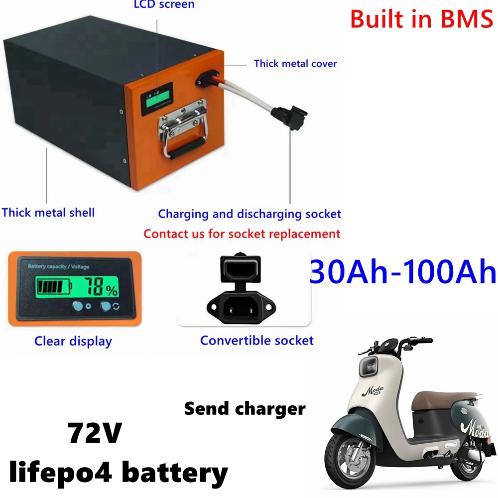 

72V Battery 40Ah 30Ah 50Ah 60Ah 70Ah 80Ah 90Ah 100Ah Lifepo4 Batteria BMS 24S for 3600W Scooter Rickshaw Bicycle Motorcycle