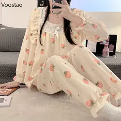 Spring Autumn Sweet Lolita Pajamas Suit Women Kawaii Lace Bow Strawberry Print Long Sleeve Tops Pants 2 Piece Set Girl Sleepwear