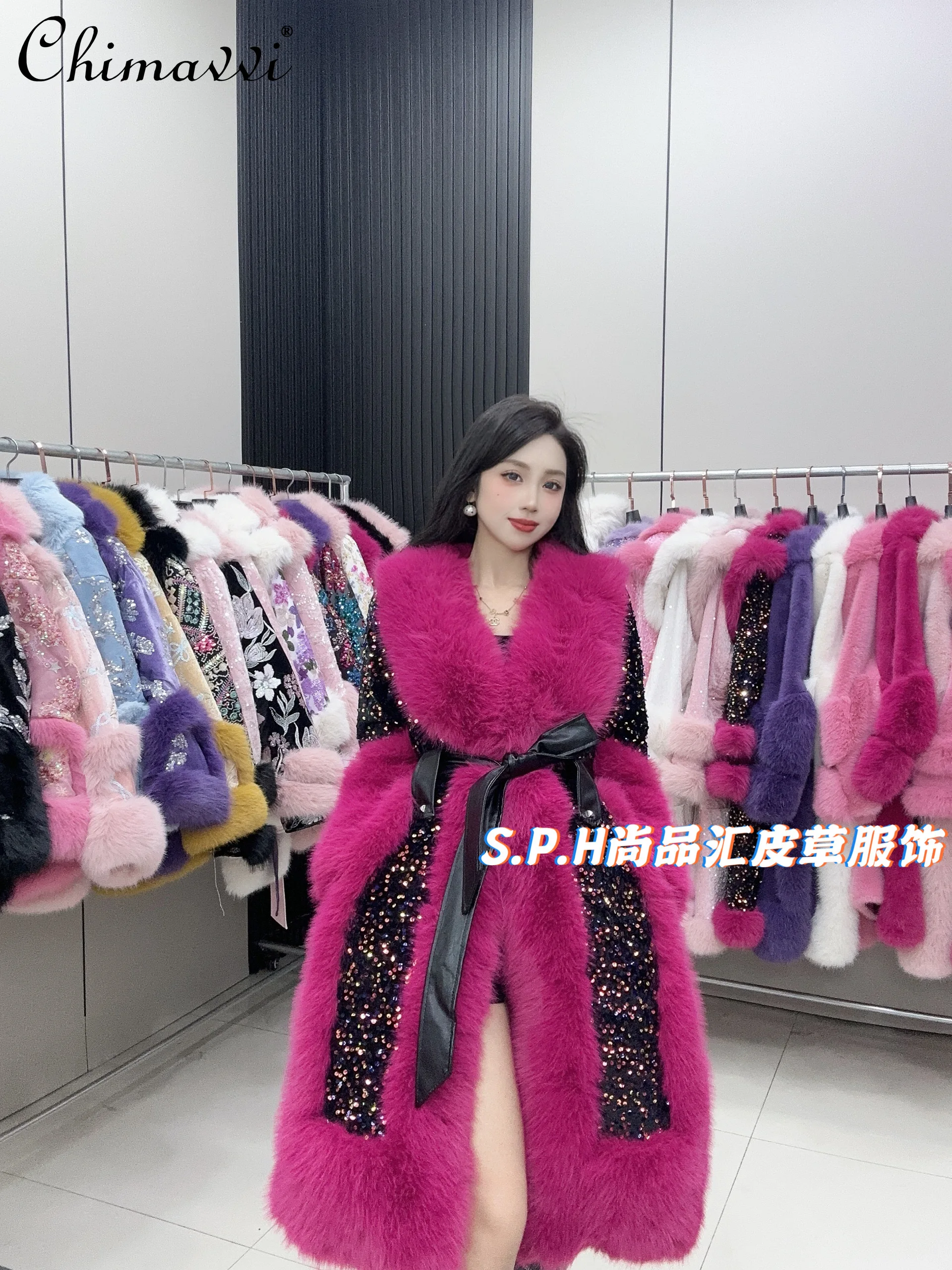 

2024 Winter New High-end Fashion Mid-length Waist Fur Coat Heavy Industry Sequins Long Sleeve Warm Temperament Women's Jacket