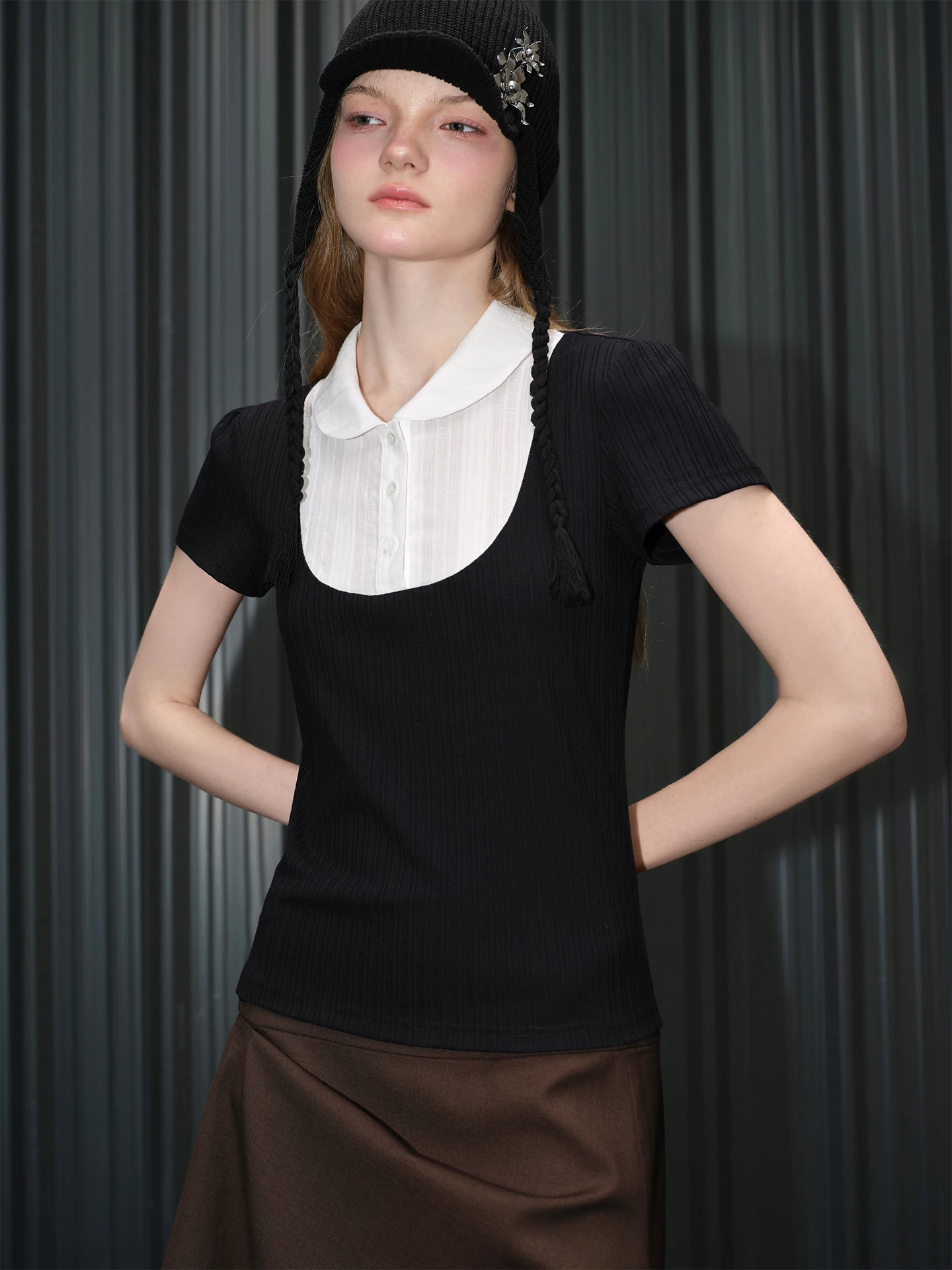 

Slim Fit Short Sleeve T-Shirt Women's Spring Summer New Style Street Style Contrast Color Doll Collar Top High Slimming Effect