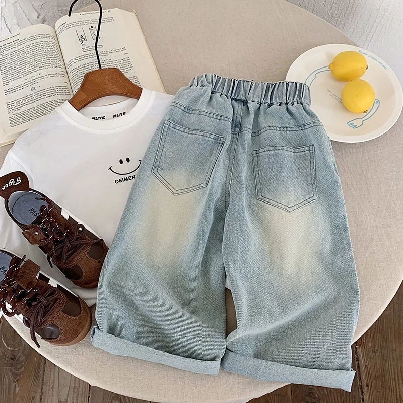 2026 Spring and Autumn Children's Pants Personalized Ripped Jeans Loose Straight Leg Pants for Boys and Girls 2-10T High Quality