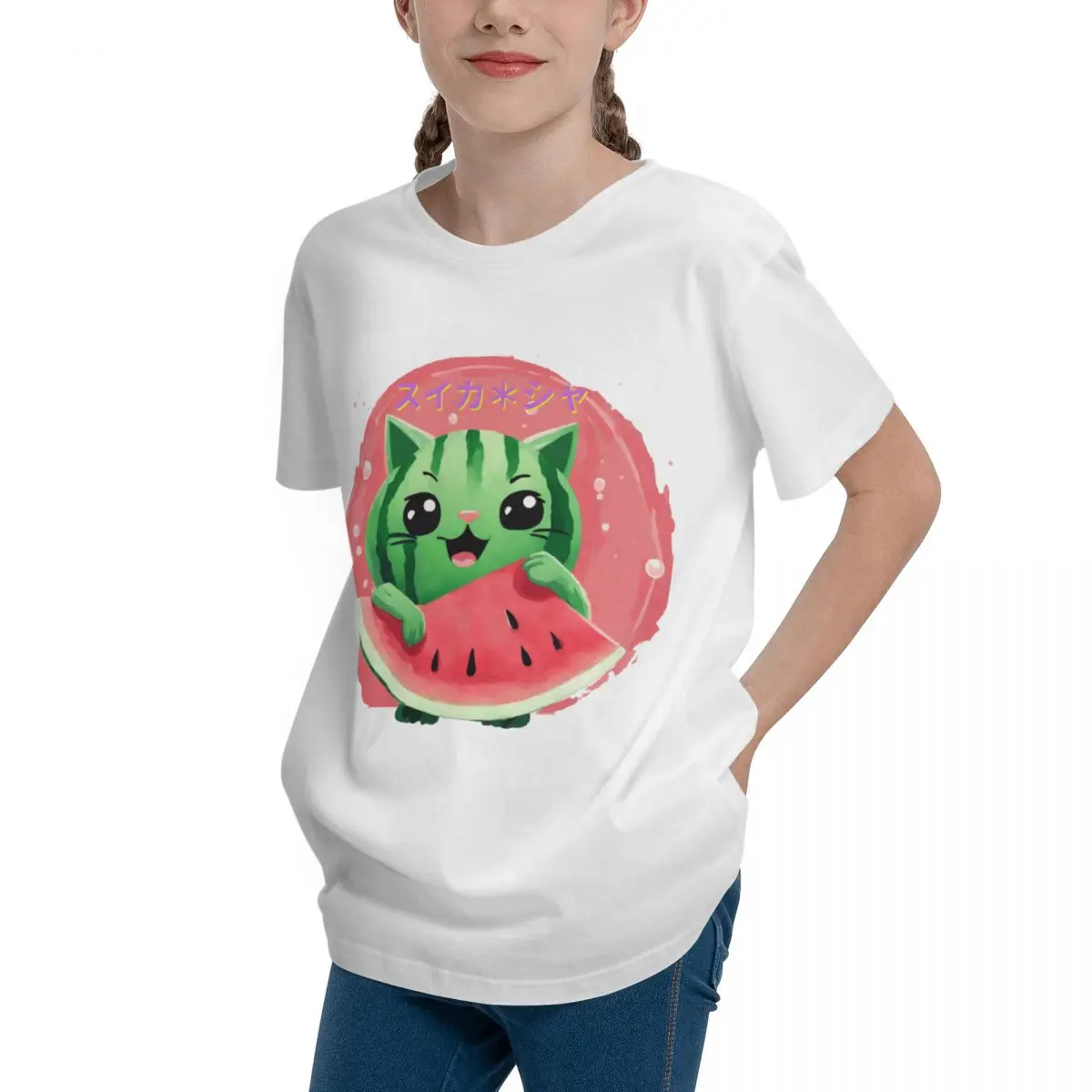 Suika Chat Watermelon Cat Mouse Pad For Teenagers Basic Short Sleeve T-Shirt Sexy Top tee Cute Funny Novelty High grade