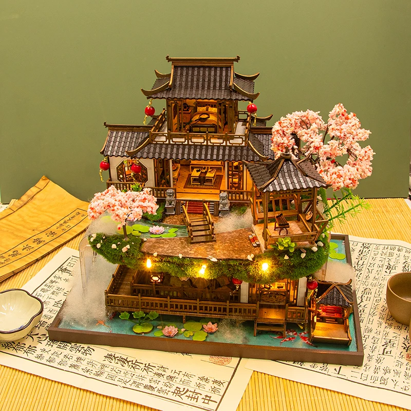

DIY Wooden Miniature Model Kit Chinese Ancient Casa Cherry Blossom Villa 3D Puzzle Dollhouse With Furniture Lights Home Decor