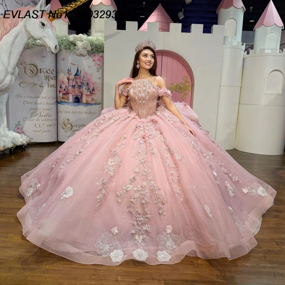 

Индивидуальное розовое бальное платье EVLAST для Quinceañera с 3D цветочными аппликациями, бисером и оборками, для Sweet 16, Vestidos De 15 Anos AQ22