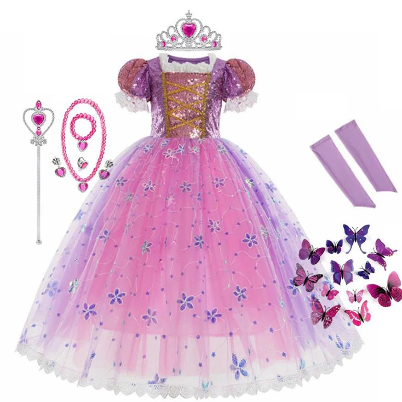 New Children's Princess Dress Embroidered Sequin Mesh Dresses Summer Girl Cosplay Christmas Halloween Party Custumes Dress Pink