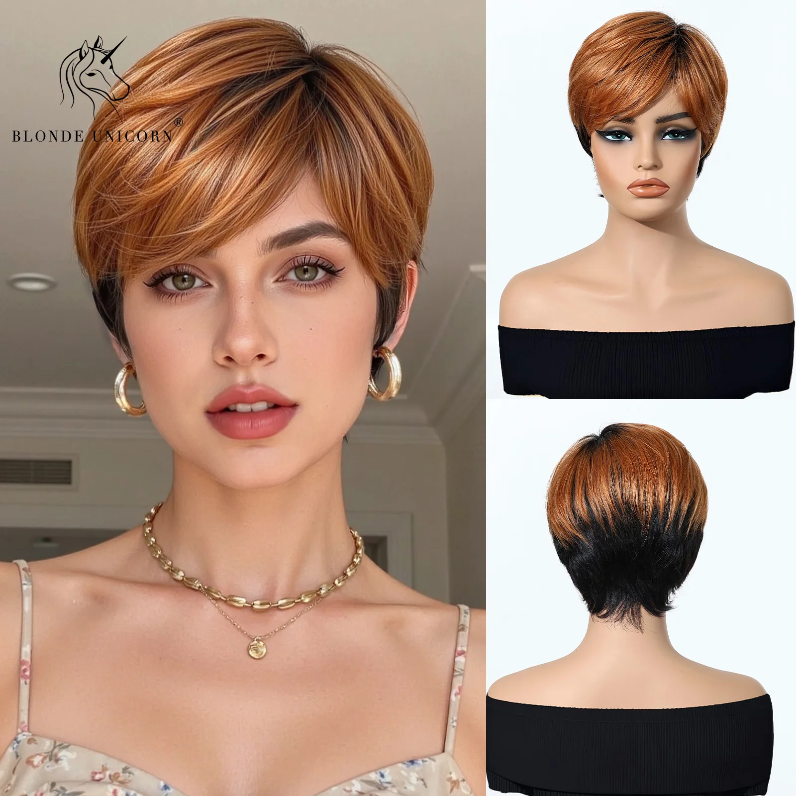 

Blonde Unicorn Short Human Hair Blend Synthetic Ombre Blonde Black Layered Natural Hair Women with Bangs Party Cosplay Daily