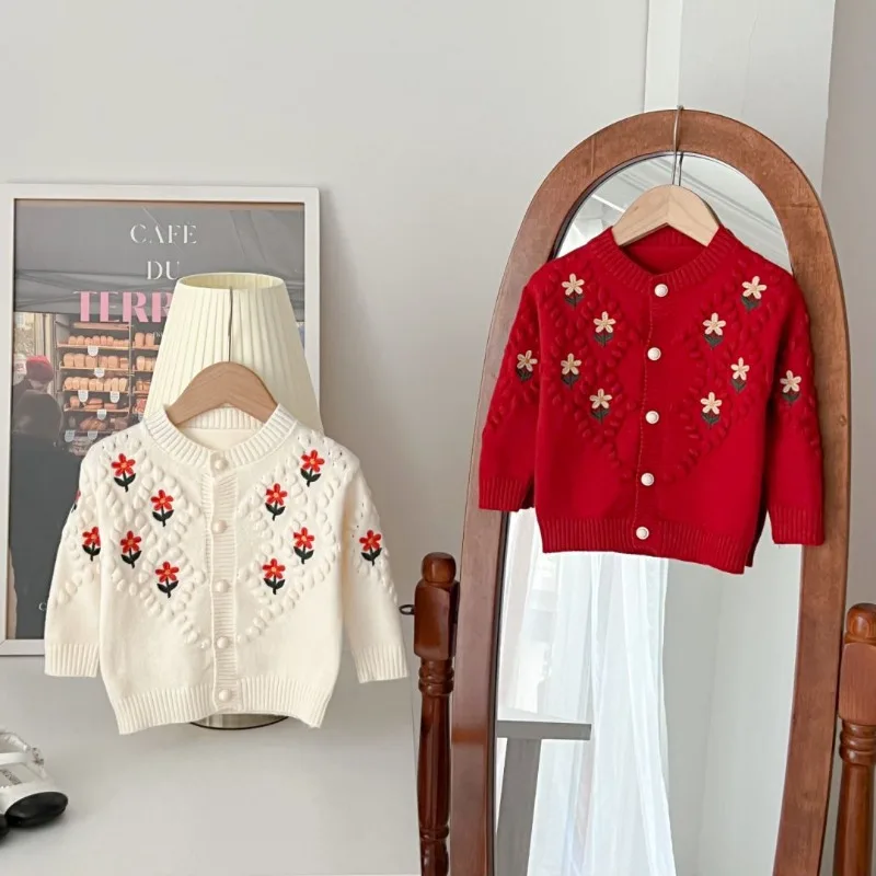 

Kawaii Sweater for Girls Sweet Flower Toddler Girl Cardigan Jacket Three-dimensional Ball Design Child Knitted Clothes HY12201
