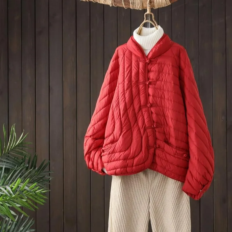 Women's Retro Lightweight Down Jacket Short Outerwear New Loose Versatile White Duck Down Coat Ethnic Style Puffer Jacket Winter