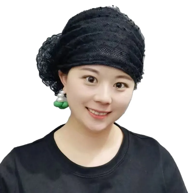 메쉬 레이스 캡 언더 스카프 꽃 히잡 물방울 무늬 터번 통기성 모자 여성 헤드 스카프 무슬림 탈모 보닛 비니 헤드밴드