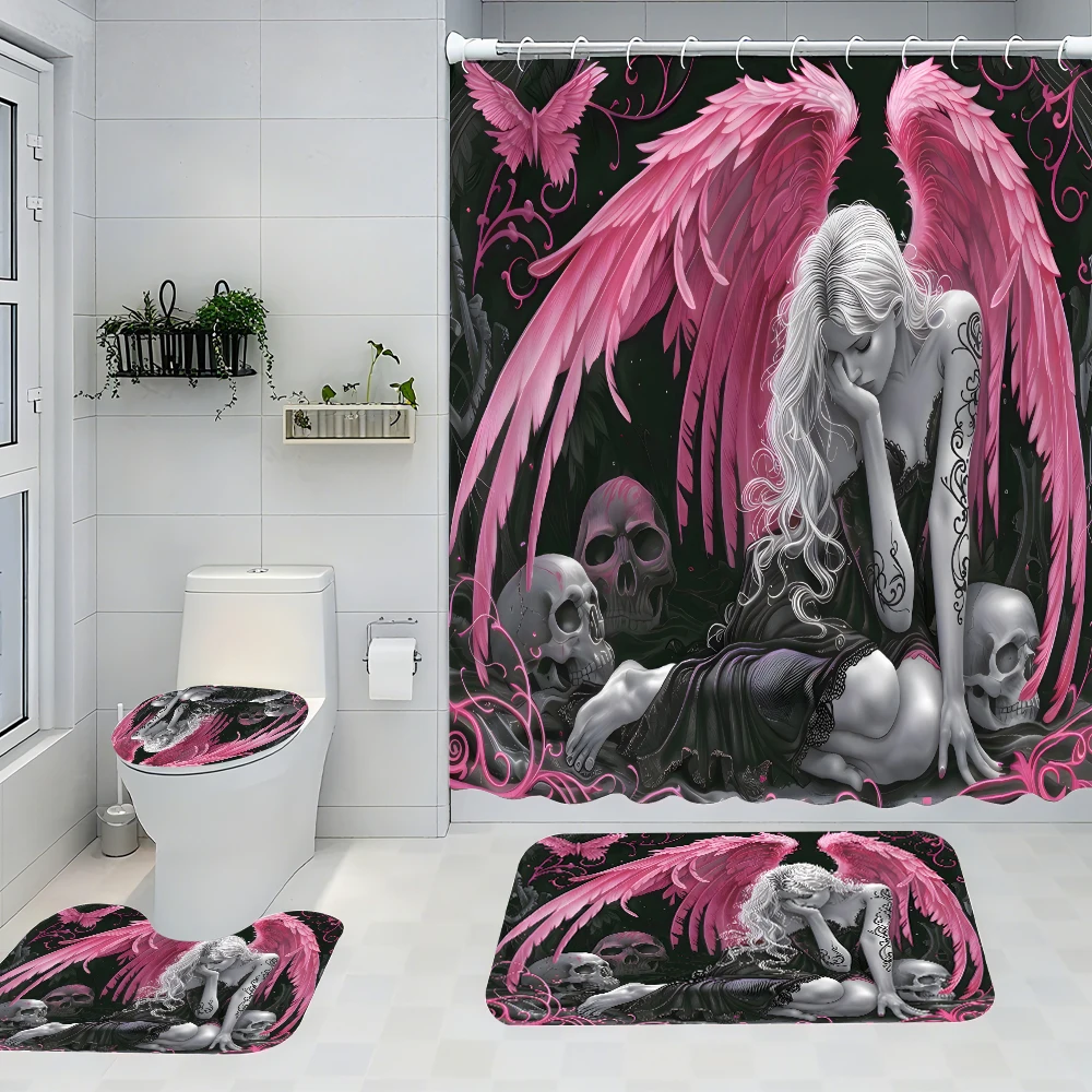 

4pc Fallen Angel Bath Curtain Set, 2D flat printed bathroom partition curtain, modern home curtain decoration