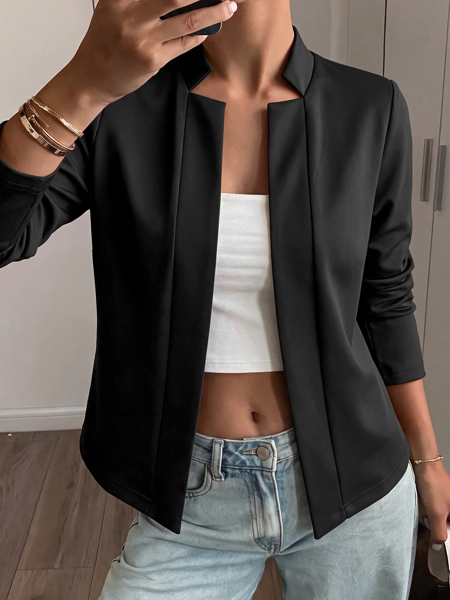 Stand Collar Open Front Womens Blazer Long Sleeve Plain Color Office Suit Jacket Coat Slim Fit Outerwear For Business Wear