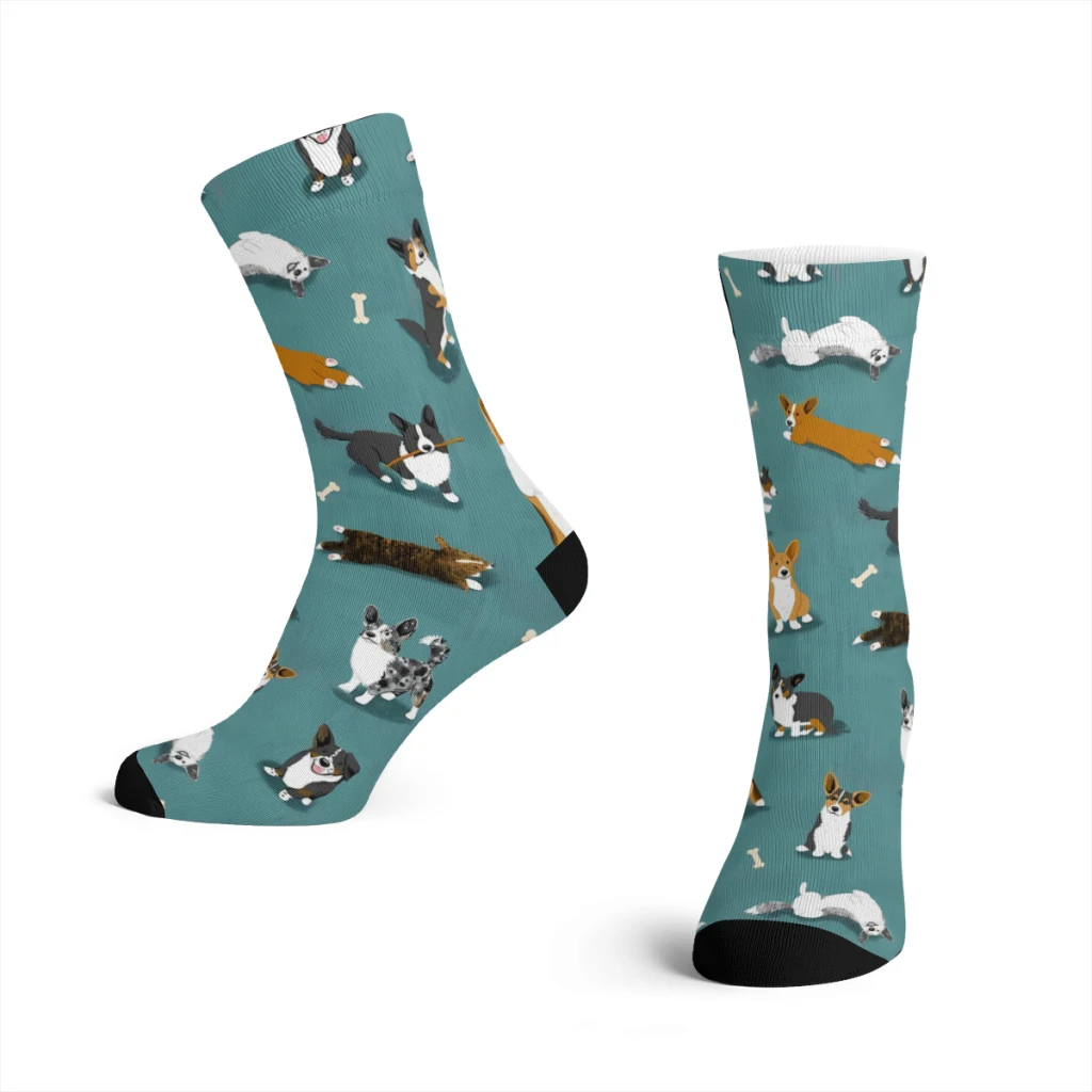 Cárdigan Retro con patrón de Corgi verde azulado para hombre, calcetines de perro Corgi, Animal, Unisex, novedad, sin costuras, estampado divertido,