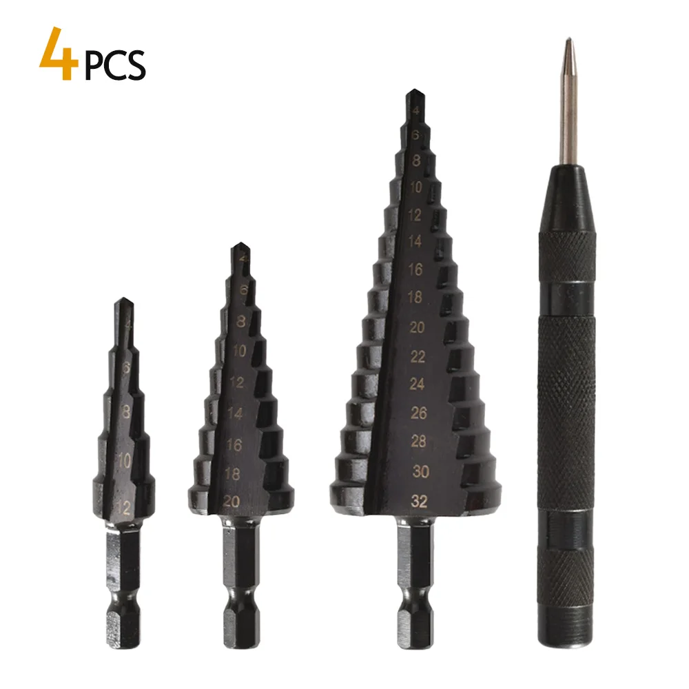 

4PCS HSS Cobalt Stepped Drill Bit Set Practical Black Nitride Coated Metal Drilling Bits Kit for Thin Iron/Steel/PVC/Wood Panel