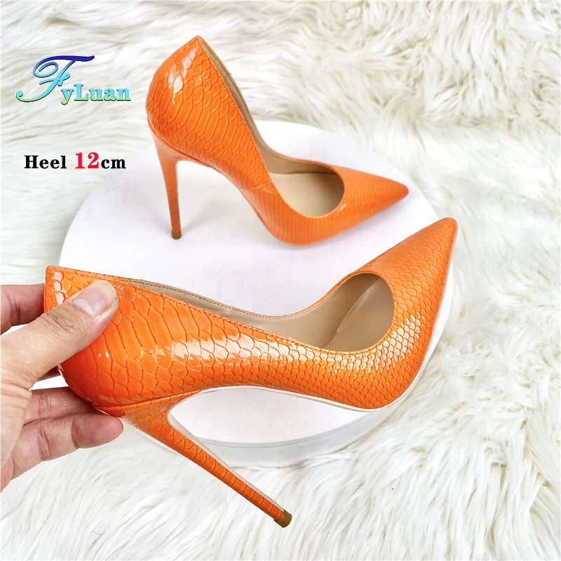 

Fashion Snake Pattern Thin High Heels Spring Women Pointed Toe Orange Single Shoes 8CM 10CM 12CM Office Party Pumps Plus Size 45