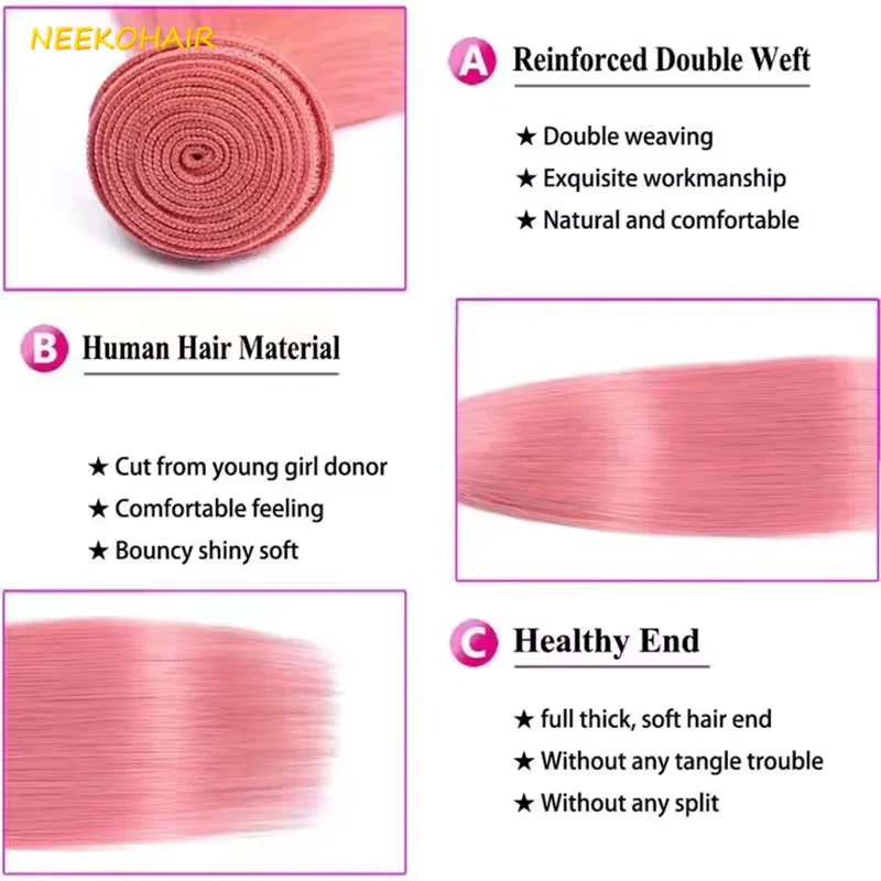 Hellrosa farbige Bundles, gerade Remy, 100 % brasilianisches Echthaar, rosa Bundles mit 13 x 4 Spitzenfront