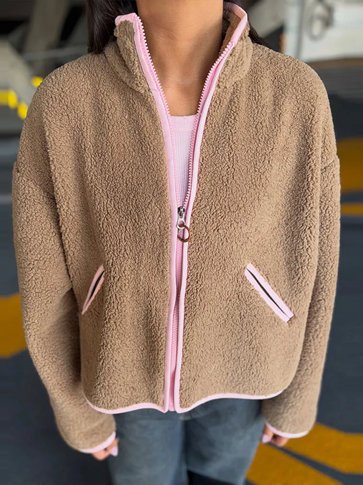Casual Stand Collar Color Block Fleece Jacket Zip Up Long Sleeve 2026 Autumn Winter Outdoor Street Outfit Trendy Fashion Coat
