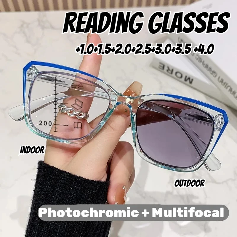 

Fashionable Transparent Frame Photochromic Multifocal Reading Glasses Unisex Fashionable Progressive Blue Light Blocking Glasses