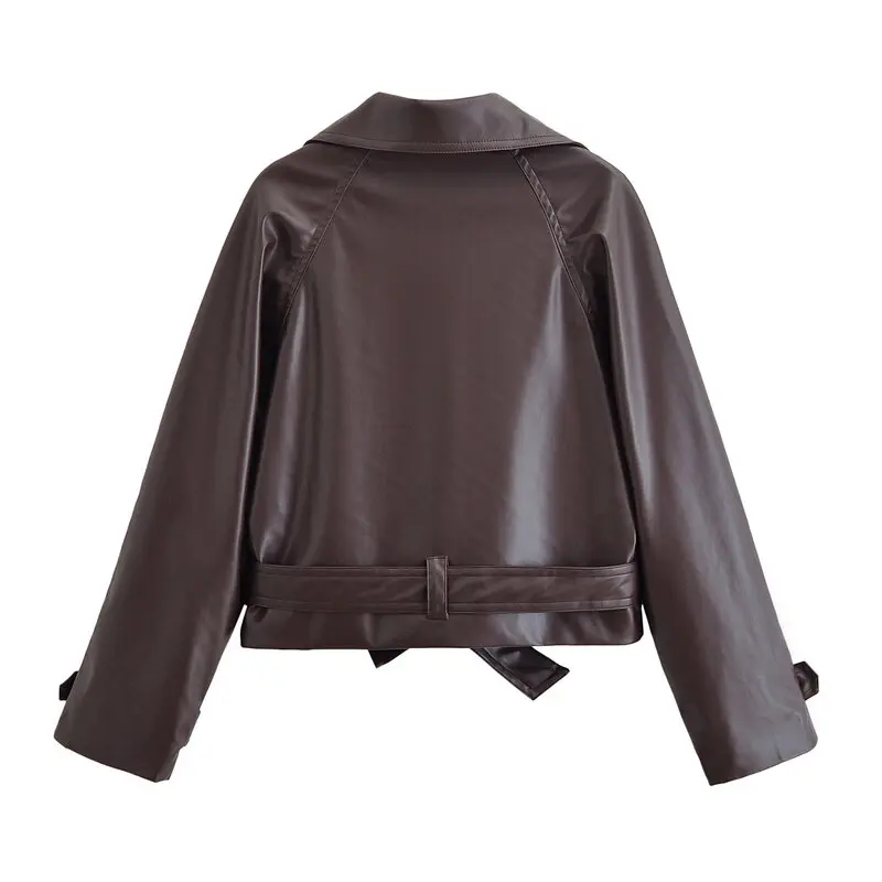 Autunno 2025 Jaet in pelle sintetica da donna Colletto alla coreana con cintura Capispalla versatile Casual Sle Long Sve Cappotto da donna