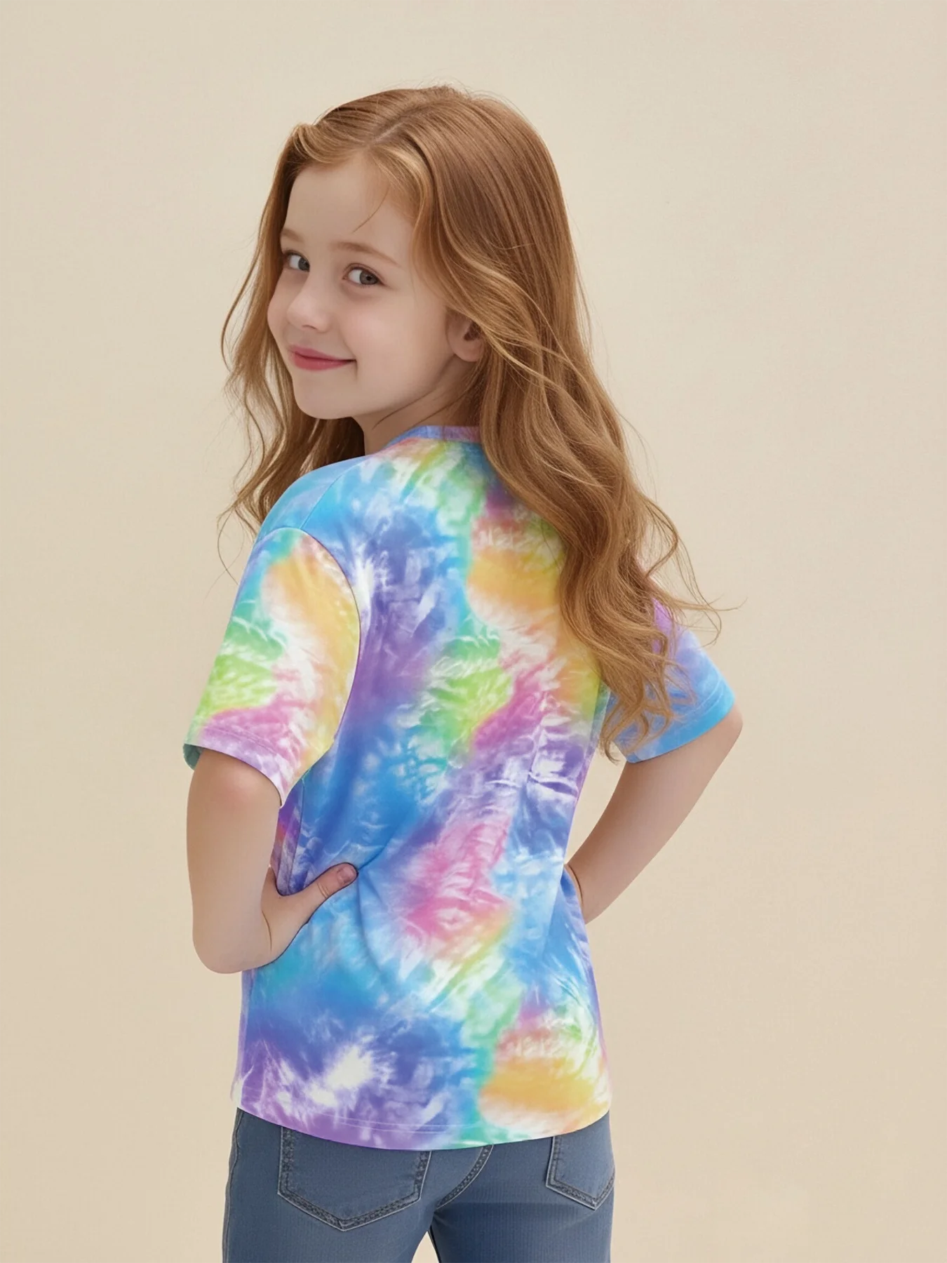 2026 girls tie-dye short-sleeved T-shirt, color-mixed hand-printed top