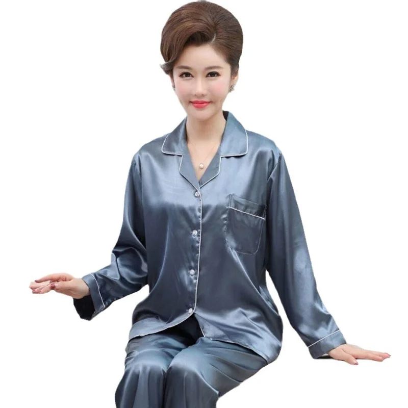 2PCS/Set Middle-Aged and Elderly Ice Silk Pajamas Female Spring and Autumn Long-Sleeved Silk Homewear Mum Women Soft Loungewear