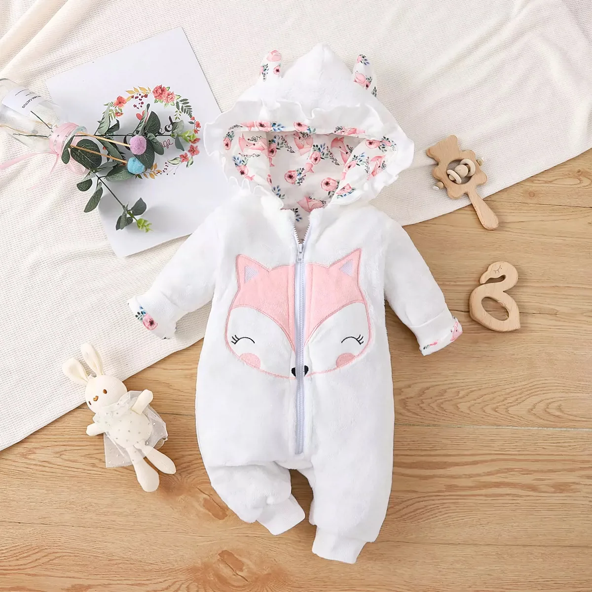 0-1 year old newborn baby girl autumn and winter hooded small ear fox patch embroidered velvet jumpsuit