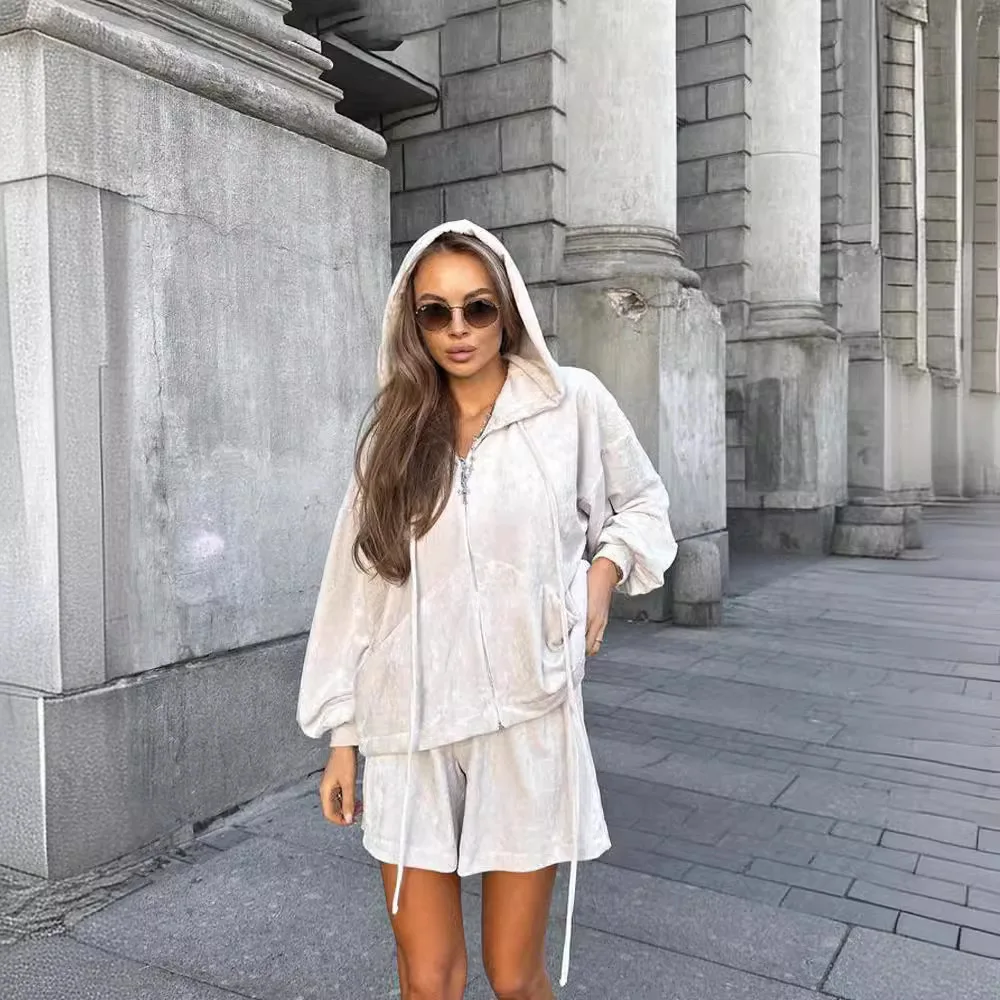 

New Women's Street Fashion Long Sleeve Hooded Lace-Up Sports Cardigan Shorts Two-piece Suit Women