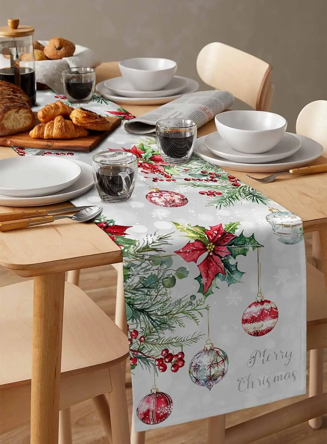 Christmas Ball Poinsettia Fir Leaf Snowflakes Linen Table Runner Dresser Scarf Red Berry Gray Table Runners  Home Kitchen Decor