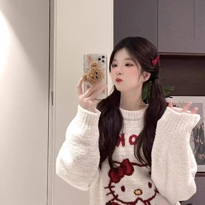 

Женский плюшевый вязаный пижамный комплект Hello Kitty 2025 года Kawaii, осень-зима, теплая утолщенная уютная домашняя одежда для дома