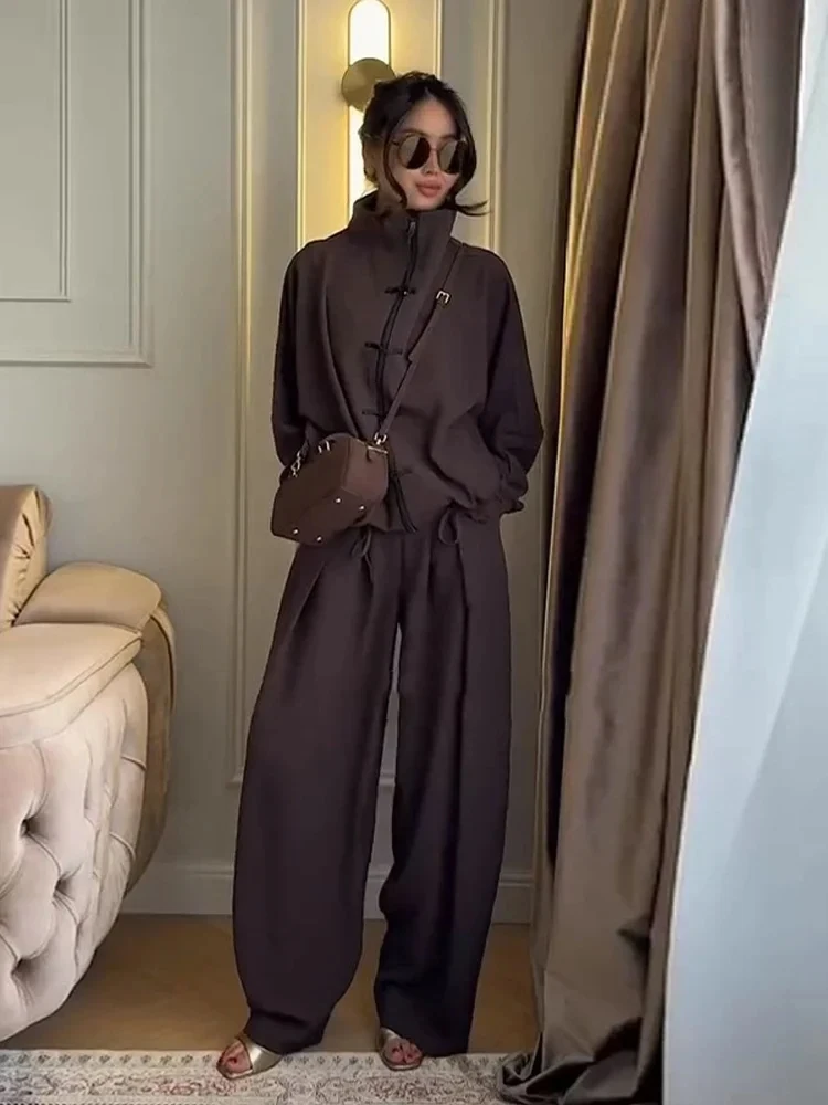 Damenmode-Anzug 2-teilig Fledermausärmel Kordelzug Freizeitjacke Hochgeschnittene Drapierte Hose Schicke Frühlings-Hosen-Sets für Damen