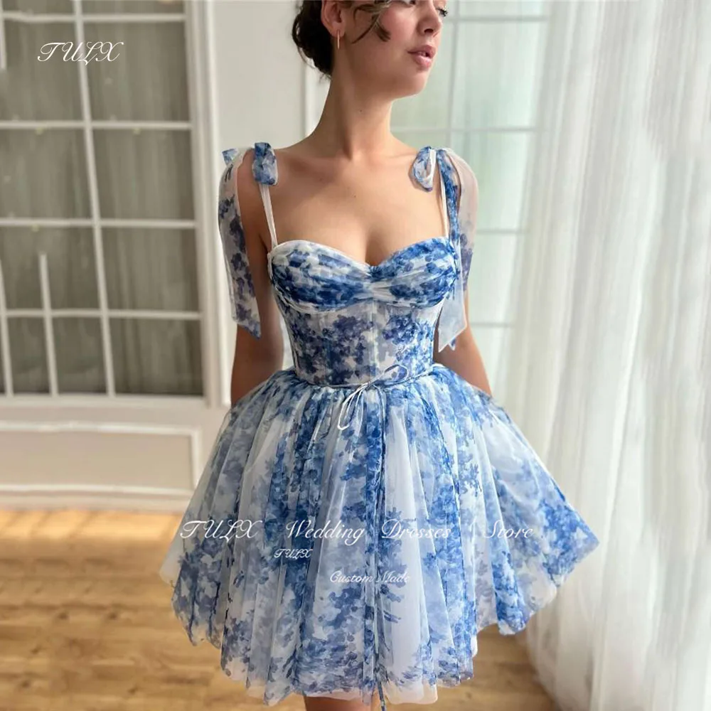 

TULX Blue Printed Tulle Mini Short Prom Party Dresses Adjustable Straps Sweetheart Summer Skirt Evening Formal Event Gowns