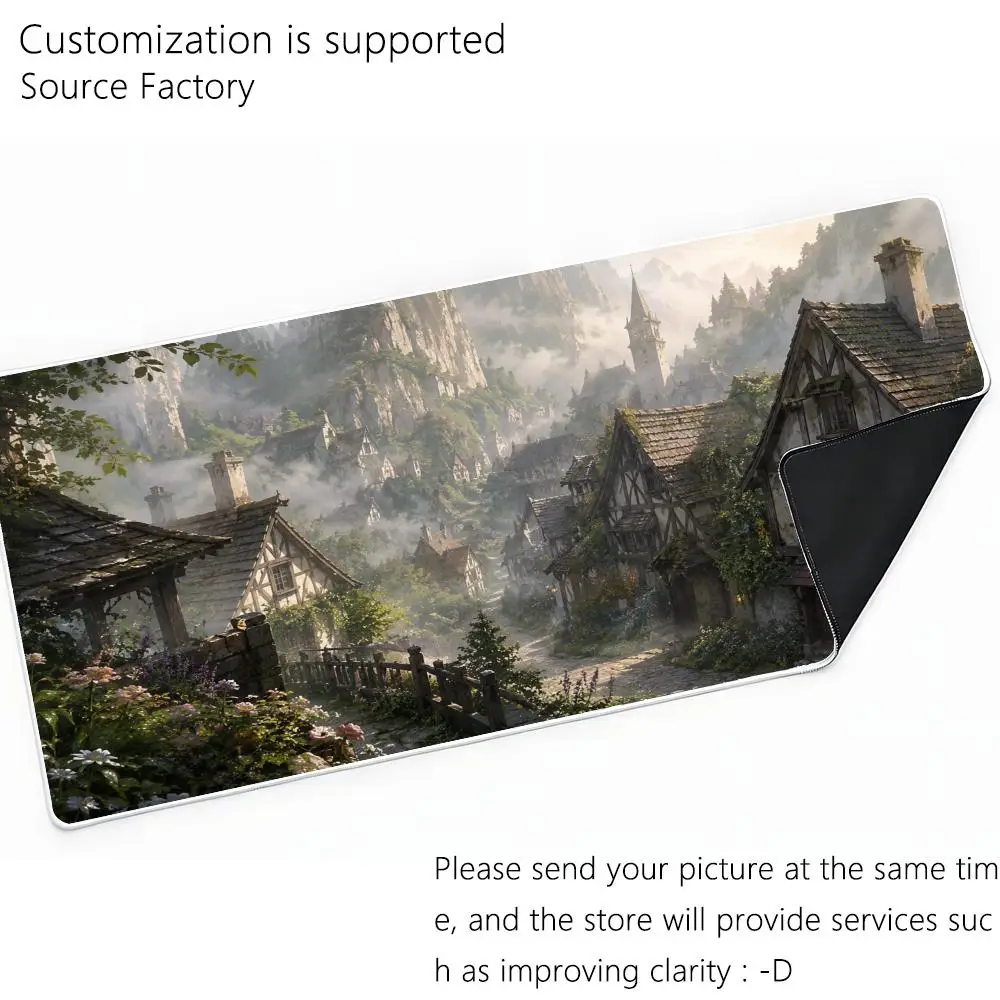 Watercolor Medieval Town Large Mouse Pad European Mountain Village Old Town Landscape Art Desk Mat for Home Office Gaming Decor