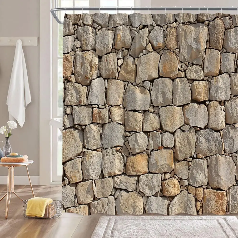 Vintage Red Brown Brick Wall Shower Curtain Retro Stone Brick Rocks Rustic Country Farmhouse Geometric Wall Fabric Bathroom