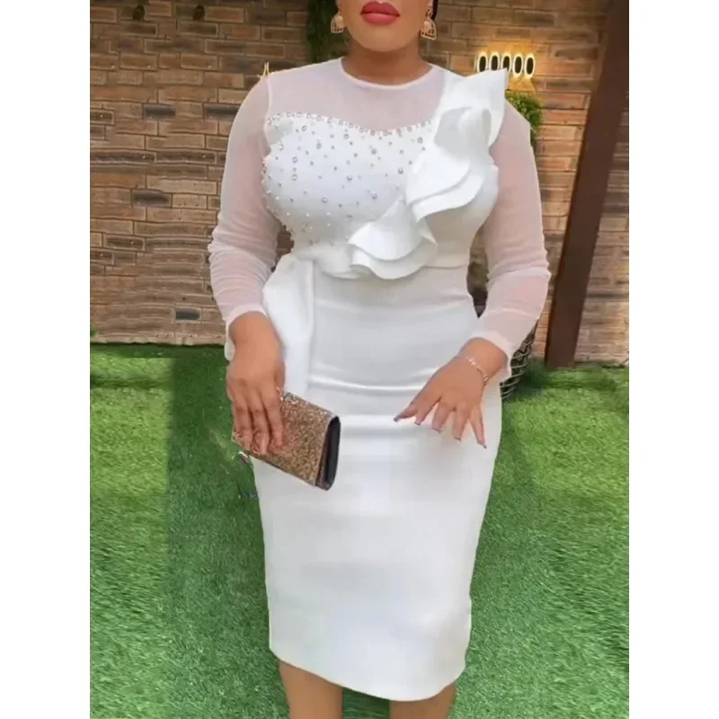 Vrouwen Kralen Feestjurk Sheer Lange Mouw Peplum Slim Fit Jurken Formele Avond Vieren Prom Gelegenheid 2025, Trendy Kleding